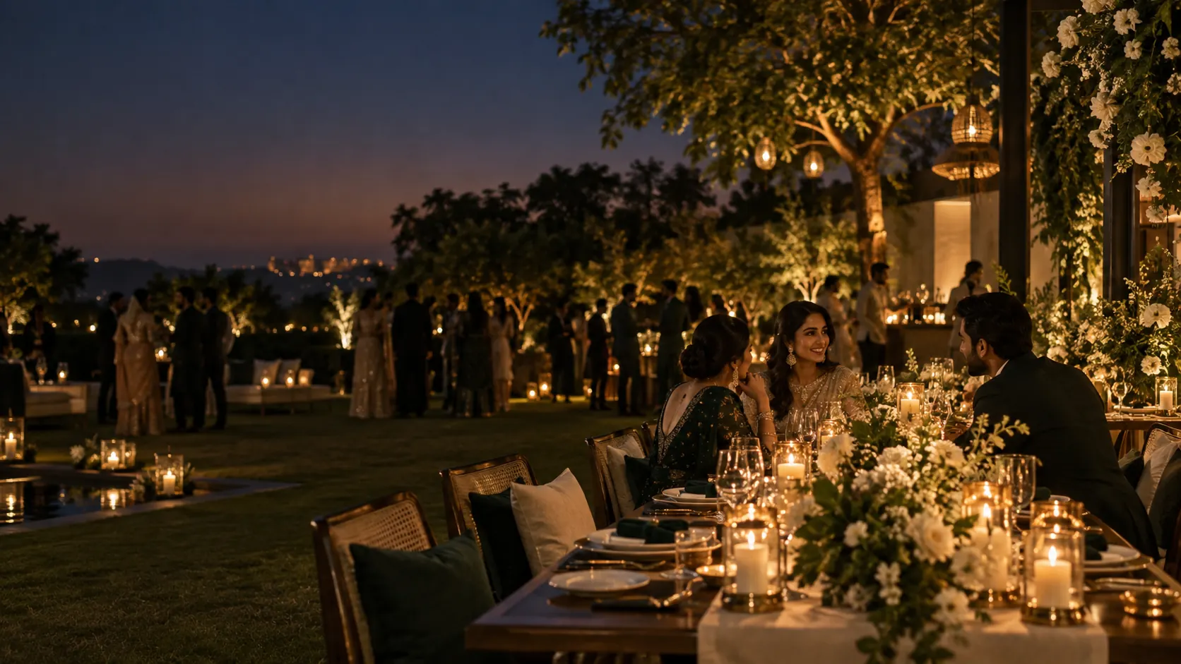 Intimate garden celebration at dusk