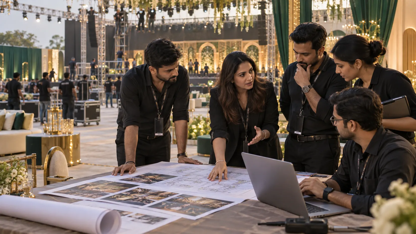 Event professionals planning a production together